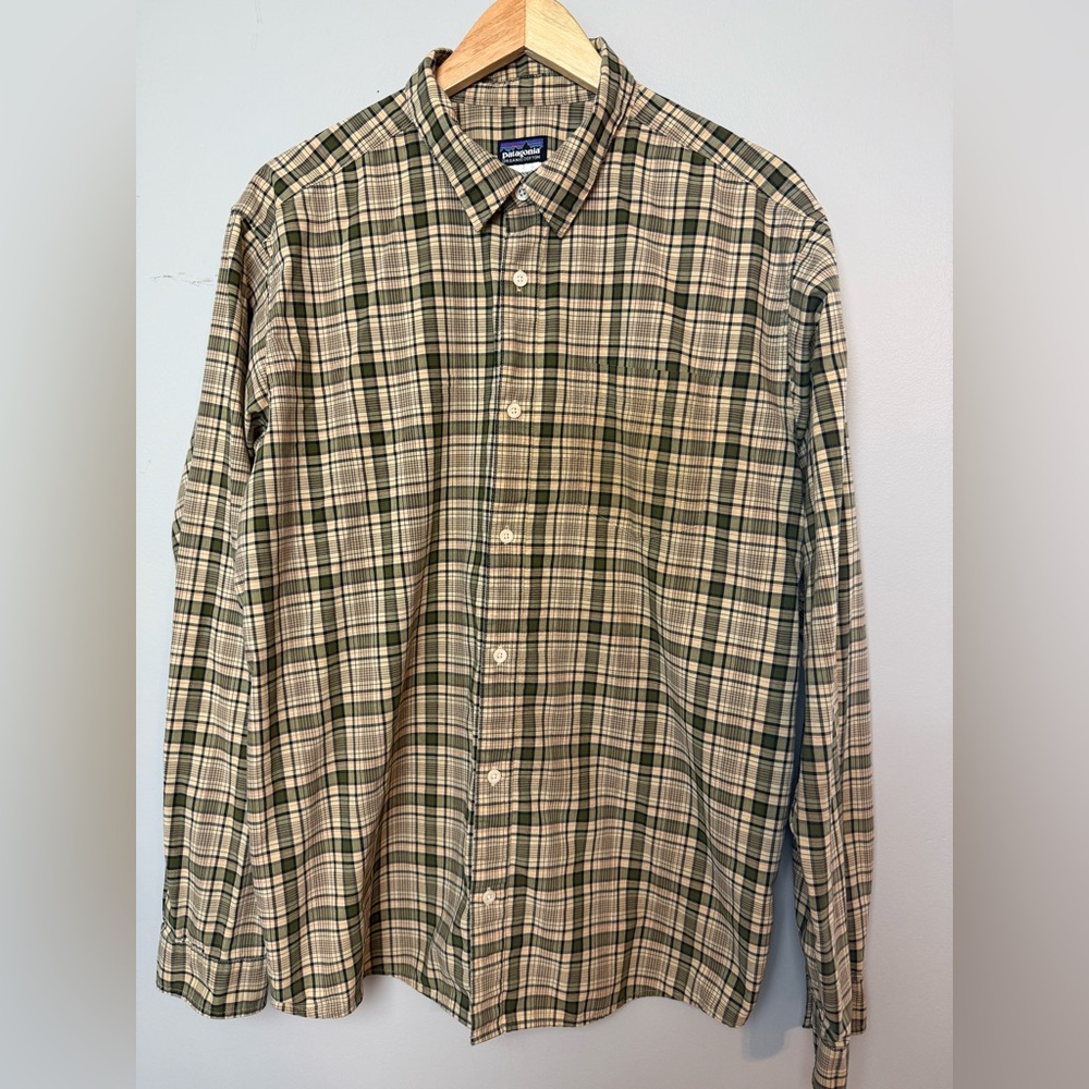 Patagonia Fezzman Long Sleeve Shirt Mens Large Green‎ Plaid Organic Cotton Blend